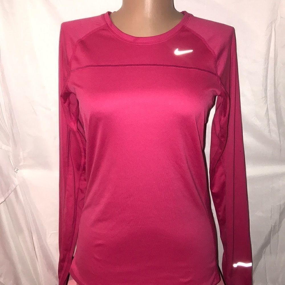 Nike Miler Running Top Womens Small Pink Long Sleeve Dri-FIT Reflective Athletic